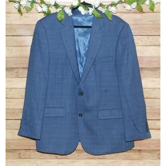 Joseph & Feiss Blue Plaid Windowpane Blazer Sport Coat Jacket 44R Wool Academia - Picture 1 of 12